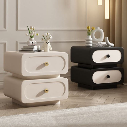 Modern Minimalist Solid Wood & Metal Rounded Square Nightstand 2-Drawer With Ball Accents For Bedroom