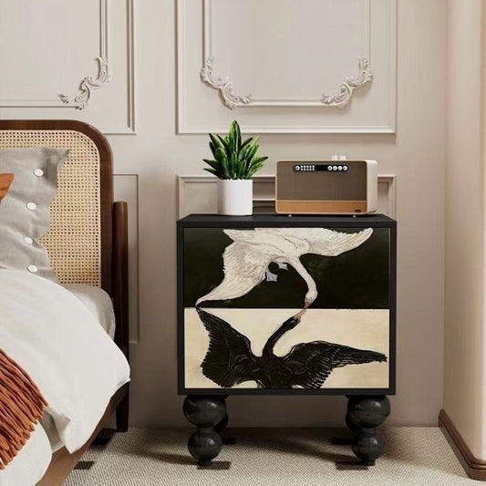 Traditional French Solid Wood Rounded Square Ball Nightstand With 2 Drawers For Bedroom
