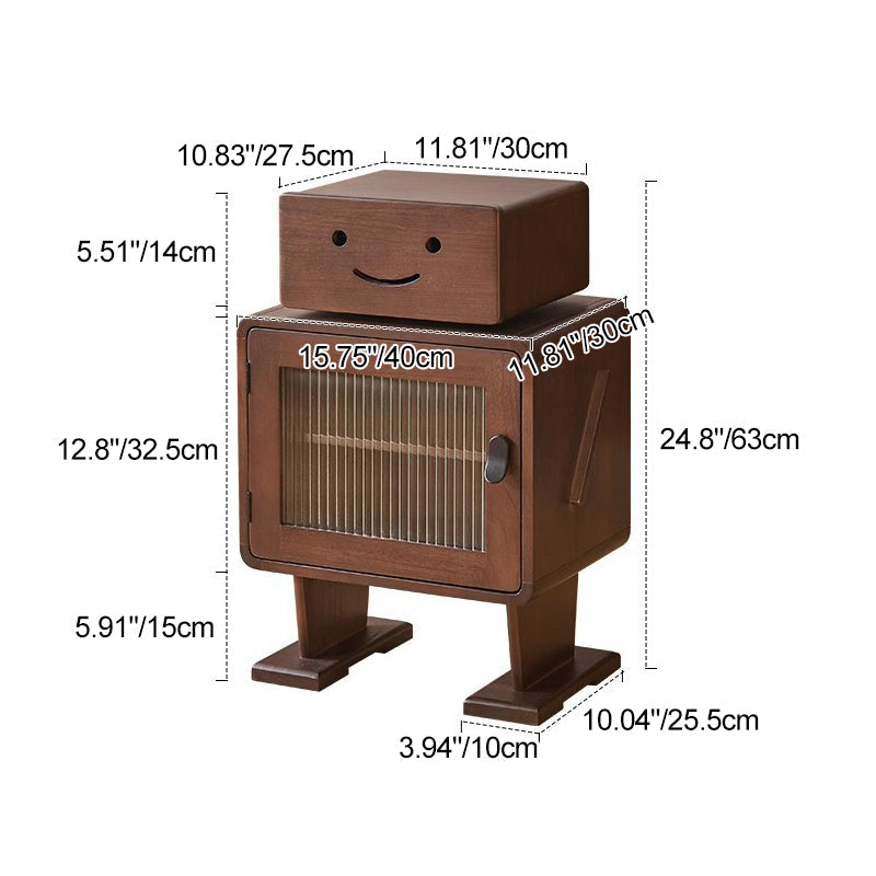Contemporary Creative Solid Wood Glass Rounded Robot-Shaped Nightstand With 2 Storage For Bedroom & Living Room