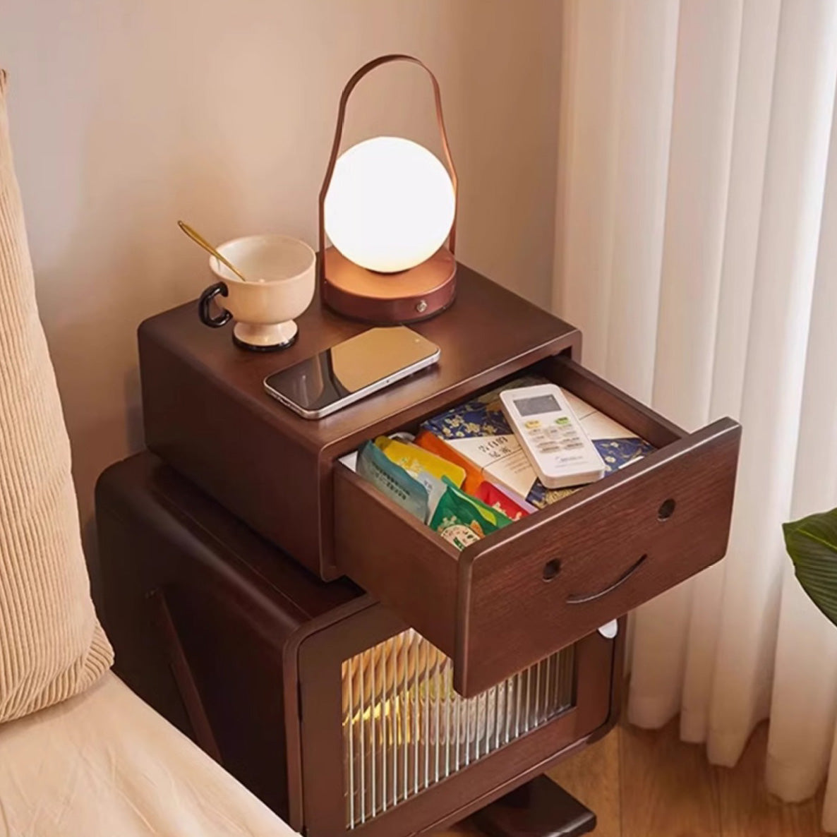 Contemporary Creative Solid Wood Glass Rounded Robot-Shaped Nightstand With 2 Storage For Bedroom & Living Room