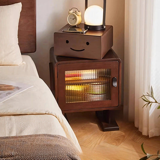 Contemporary Creative Solid Wood Glass Rounded Robot-Shaped Nightstand With 2 Storage For Bedroom & Living Room