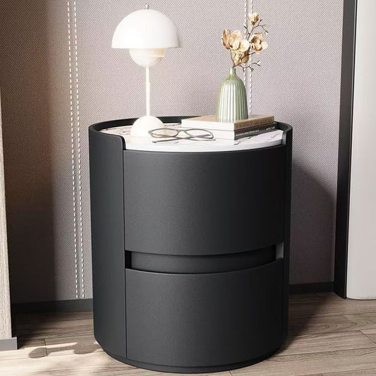 Contemporary Scandinavian Faux Leather Plywood Cylindrical Round Nightstand 2-Drawer For Bedroom