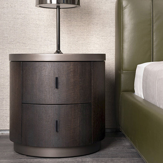 Modern Minimalist Metallic Painted MDF Metal Plywood with Smoked Oak Veneer Round Cylindrical Nightstand With 2 Drawers For Bedroom