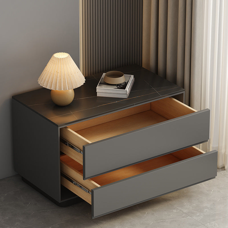 Modern Minimalist Sintered Stone Microfiber Leather Plywood Rectangular Nightstand 2-Drawer For Bedroom
