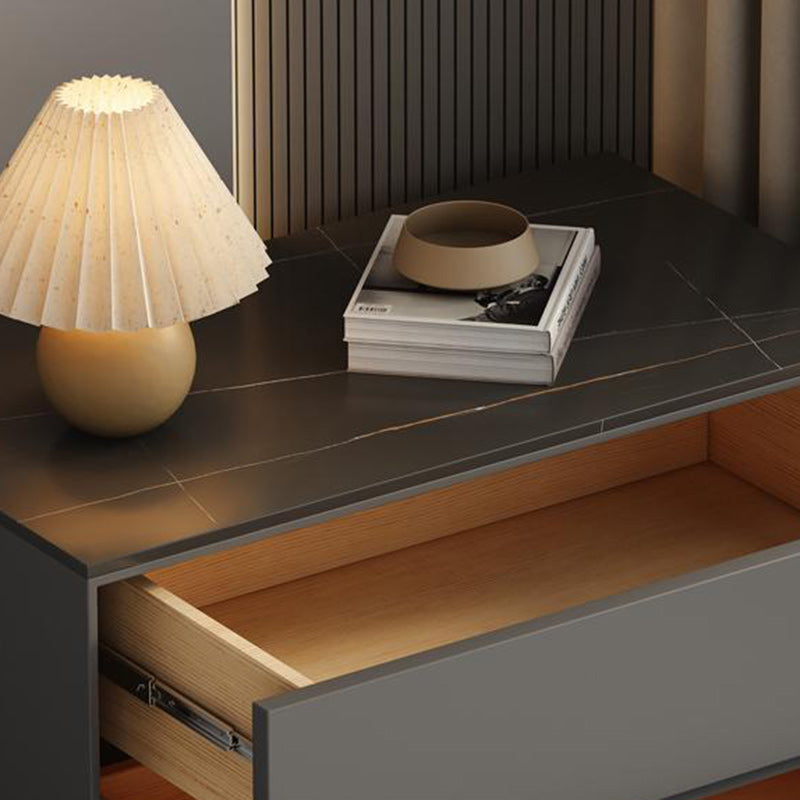 Modern Minimalist Sintered Stone Microfiber Leather Plywood Rectangular Nightstand 2-Drawer For Bedroom