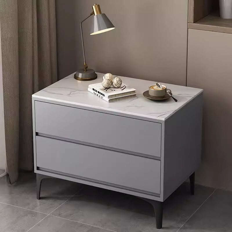Modern Minimalist Solid Wood Sintered Stone Rectangular Nightstand With 2 Drawers For Bedroom
