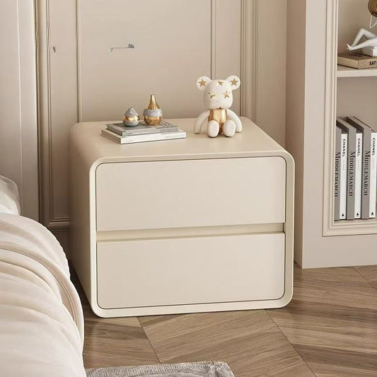 Modern Minimalist Faux Leather Plywood Solid Wood Rounded Rectangular Nightstand 2-Drawer For Bedroom