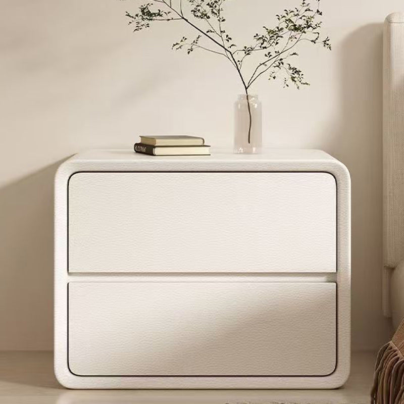 Modern Minimalist Faux Leather Plywood Solid Wood Rounded Rectangular Nightstand 2-Drawer For Bedroom