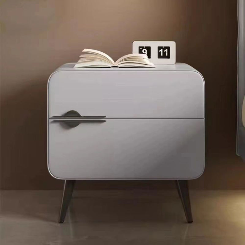Contemporary Scandinavian Faux Leather Carbon Steel Plywood Pine Wood Metal Rounded Square Cylindrical Nightstand With 2 Drawers For Bedroom