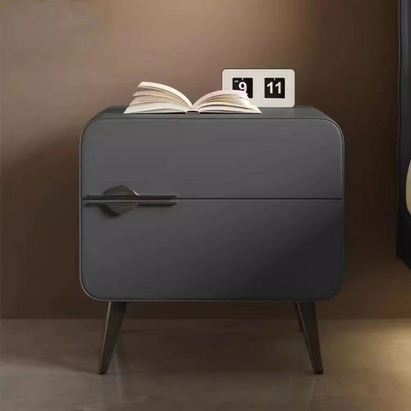 Contemporary Scandinavian Faux Leather Carbon Steel Plywood Pine Wood Metal Rounded Square Cylindrical Nightstand With 2 Drawers For Bedroom