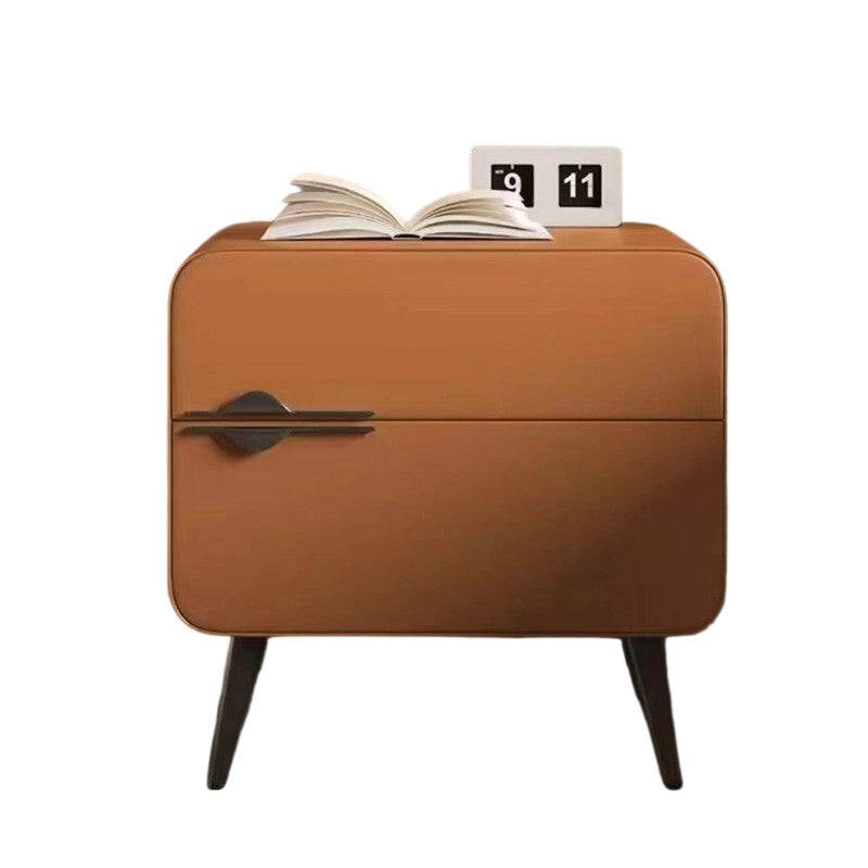 Contemporary Scandinavian Faux Leather Carbon Steel Plywood Pine Wood Metal Rounded Square Cylindrical Nightstand With 2 Drawers For Bedroom