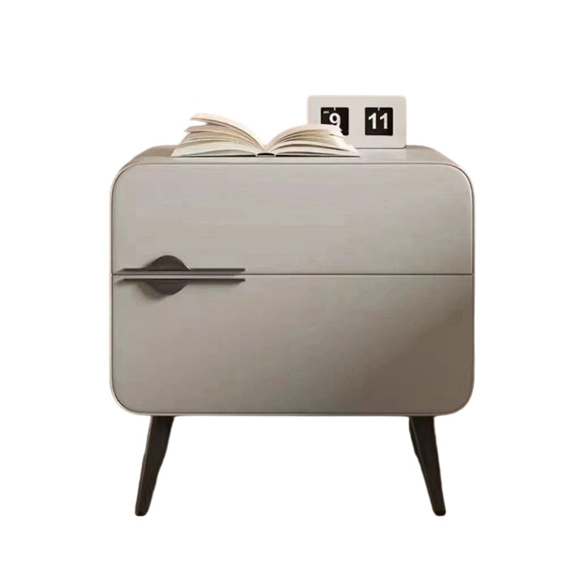 Contemporary Scandinavian Faux Leather Carbon Steel Plywood Pine Wood Metal Rounded Square Cylindrical Nightstand With 2 Drawers For Bedroom