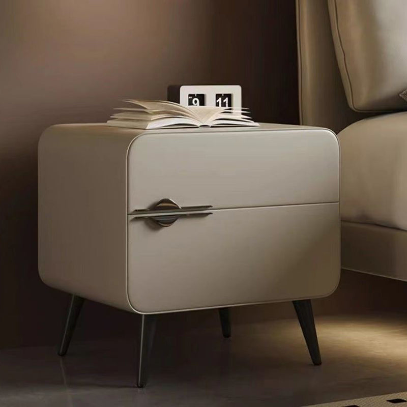 Contemporary Scandinavian Faux Leather Carbon Steel Plywood Pine Wood Metal Rounded Square Cylindrical Nightstand With 2 Drawers For Bedroom