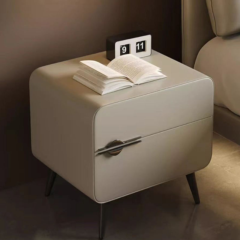 Contemporary Scandinavian Faux Leather Carbon Steel Plywood Pine Wood Metal Rounded Square Cylindrical Nightstand With 2 Drawers For Bedroom