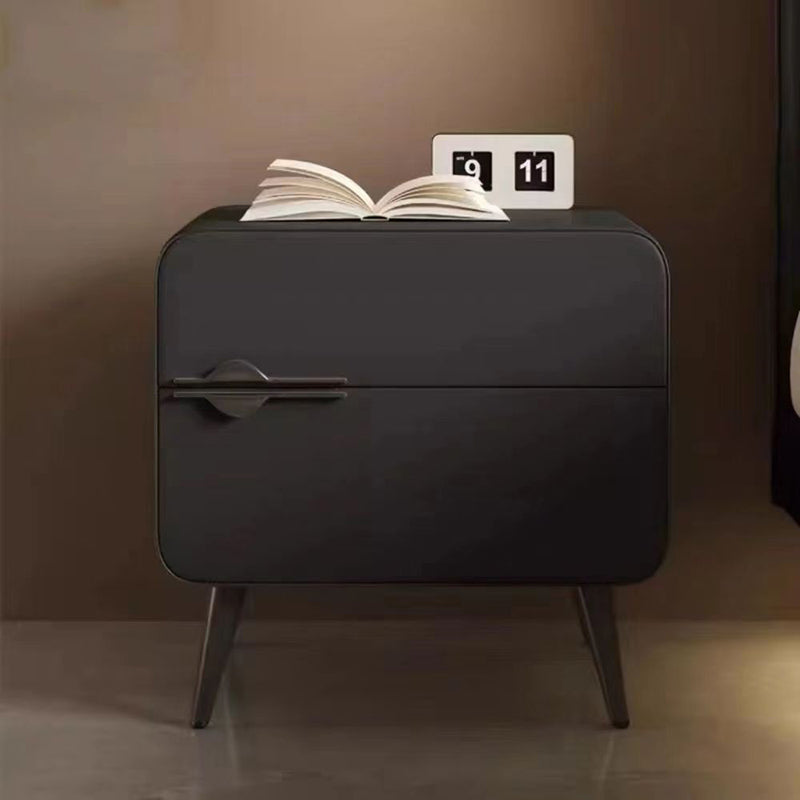 Contemporary Scandinavian Faux Leather Carbon Steel Plywood Pine Wood Metal Rounded Square Cylindrical Nightstand With 2 Drawers For Bedroom