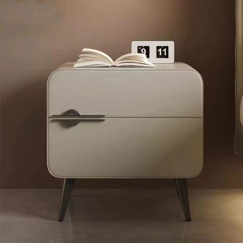 Contemporary Scandinavian Faux Leather Carbon Steel Plywood Pine Wood Metal Rounded Square Cylindrical Nightstand With 2 Drawers For Bedroom