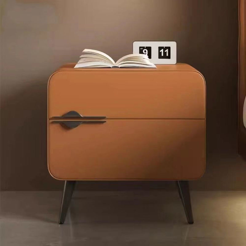 Contemporary Scandinavian Faux Leather Carbon Steel Plywood Pine Wood Metal Rounded Square Cylindrical Nightstand With 2 Drawers For Bedroom