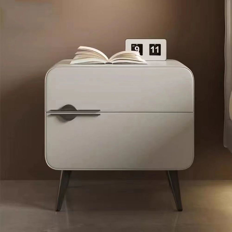 Contemporary Scandinavian Faux Leather Carbon Steel Plywood Pine Wood Metal Rounded Square Cylindrical Nightstand With 2 Drawers For Bedroom