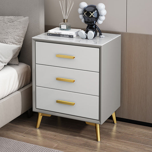 Modern Luxury Microfiber Leather Solid Wood Sintered Stone Carbon Steel Rectangular Nightstand 3-Drawer For Bedroom