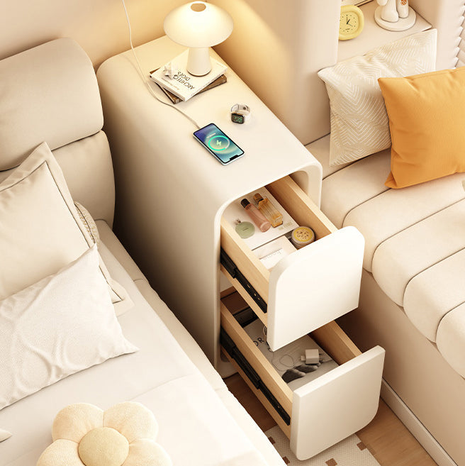 Modern Minimalist MDF Metal Microfiber Leather Rounded Rectangle Nightstand With 2 Drawers For Bedroom