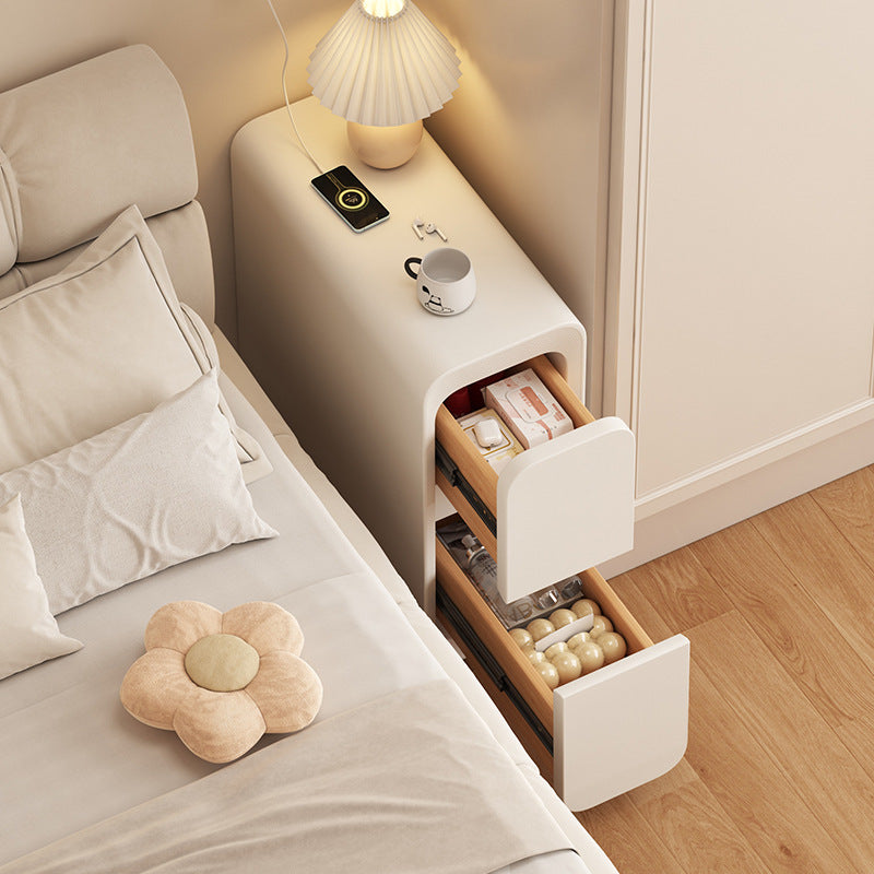 Modern Minimalist MDF Metal Microfiber Leather Rounded Rectangle Nightstand With 2 Drawers For Bedroom