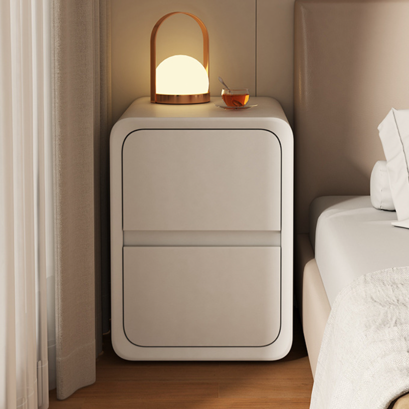 Modern Minimalist MDF Metal Microfiber Leather Rounded Rectangle Nightstand With 2 Drawers For Bedroom