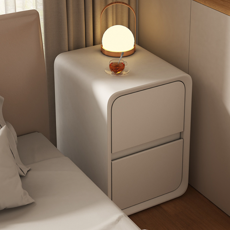 Modern Minimalist MDF Metal Microfiber Leather Rounded Rectangle Nightstand With 2 Drawers For Bedroom