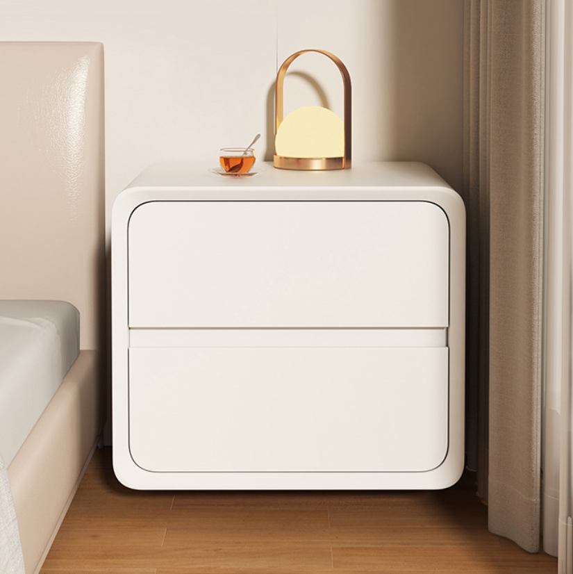 Modern Minimalist MDF Metal Microfiber Leather Rounded Rectangle Nightstand With 2 Drawers For Bedroom