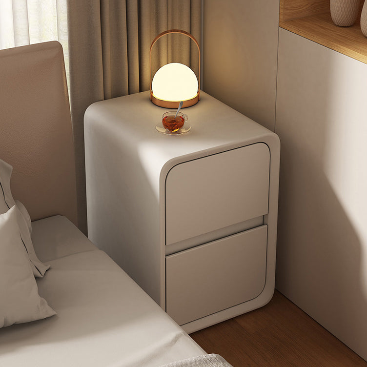 Modern Minimalist MDF Metal Microfiber Leather Rounded Rectangle Nightstand With 2 Drawers For Bedroom