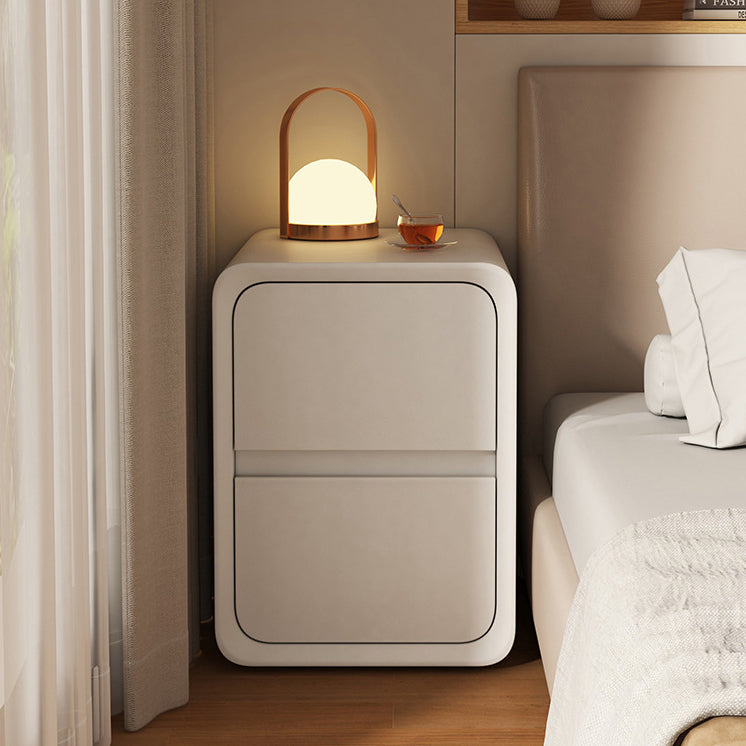 Modern Minimalist MDF Metal Microfiber Leather Rounded Rectangle Nightstand With 2 Drawers For Bedroom