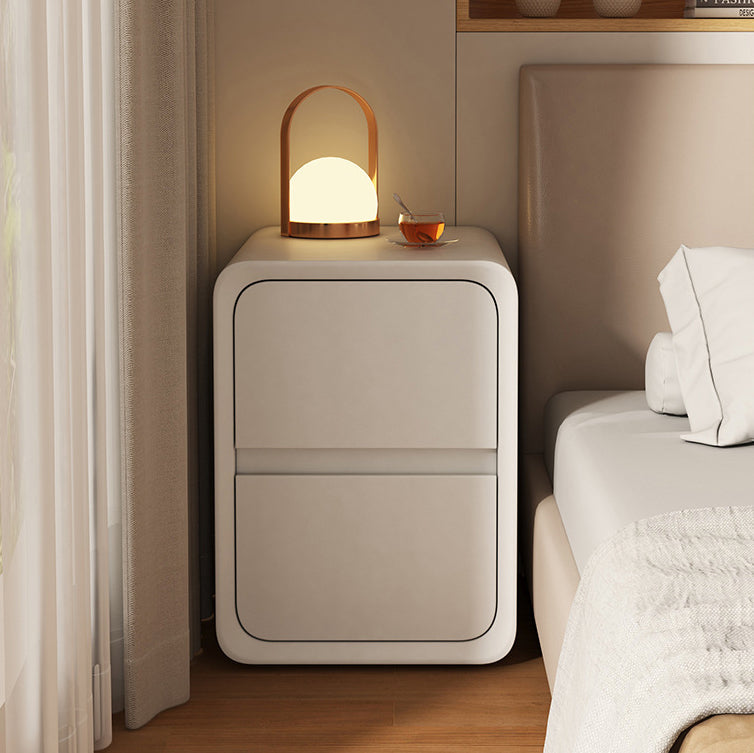 Modern Minimalist MDF Metal Microfiber Leather Rounded Rectangle Nightstand With 2 Drawers For Bedroom