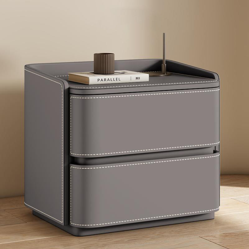 Contemporary Creative Faux Saddle Leather Pine Wood Rounded Square Nightstand With 2 Drawers For Bedroom