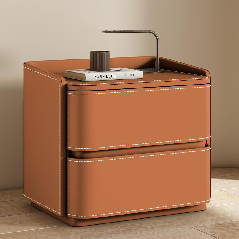 Contemporary Creative Faux Saddle Leather Pine Wood Rounded Square Nightstand With 2 Drawers For Bedroom