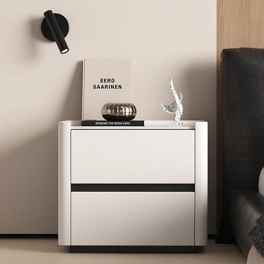 Modern Luxury Sintered Stone Solid Wood Cat-Scratch Leather Rounded Square Nightstand With 2 Drawers For Bedroom