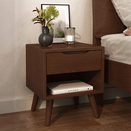 Contemporary Scandinavian Solid Wood & Plywood Cylindrical Square Nightstand With 1/2 Drawers For Bedroom