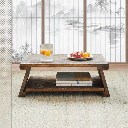 Traditional Japanese Solid Wood Rectangle Coffee Table 2-Tier For Living Room