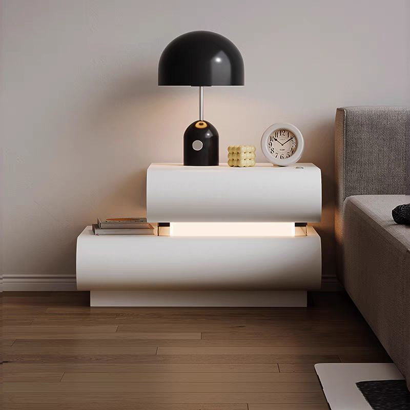 Contemporary Creative Microfiber Leather Solid Wood Curved Square Nightstand 2-Drawer For Bedroom