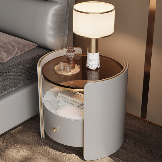 Contemporary Scandinavian Tempered Glass Sintered Stone Microfiber Leather Wood Round Cylinder Nightstand 2-Tier For Bedroom