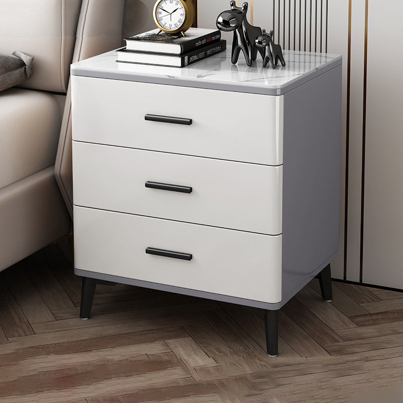 Modern Luxury Sintered Stone Rubberwood Rounded Rectangular Cylindrical Nightstand With 3 Drawers For Bedroom
