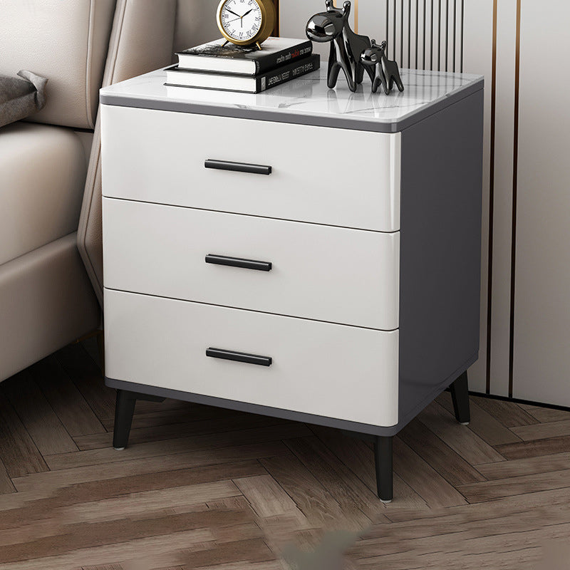 Modern Luxury Sintered Stone Rubberwood Rounded Rectangular Cylindrical Nightstand With 3 Drawers For Bedroom
