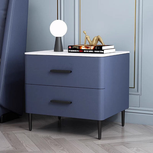 Contemporary Scandinavian Sintered Stone Solid Wood Microfiber Leather Iron Rounded Square Cylindrical Nightstand With 2 Drawers For Bedroom