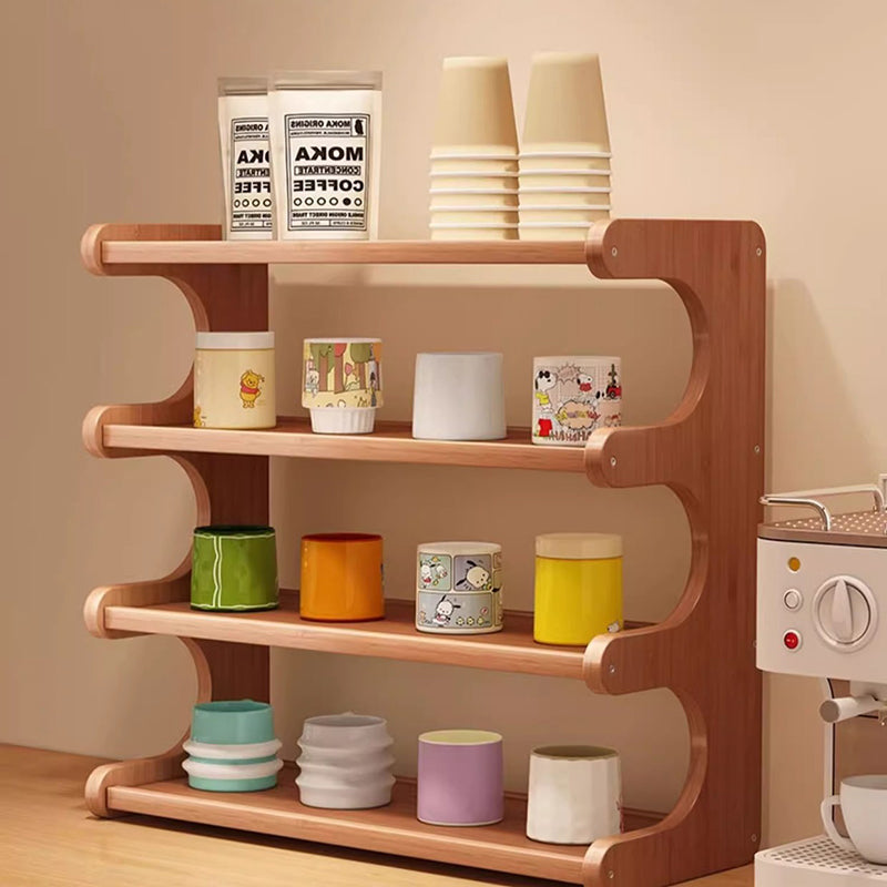 Traditional Vintage Bamboo Medium Density Fiberboard Rounded E-Shaped Storage Shelf 2/3/4-Tier For Home Office