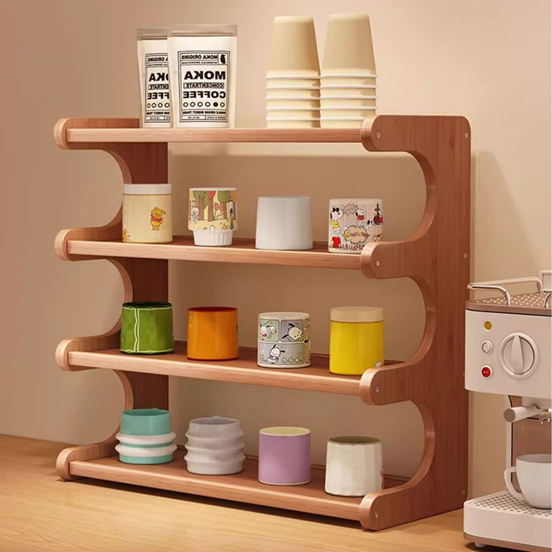 Traditional Vintage Bamboo Medium Density Fiberboard Rounded E-Shaped Storage Shelf 2/3/4-Tier For Home Office