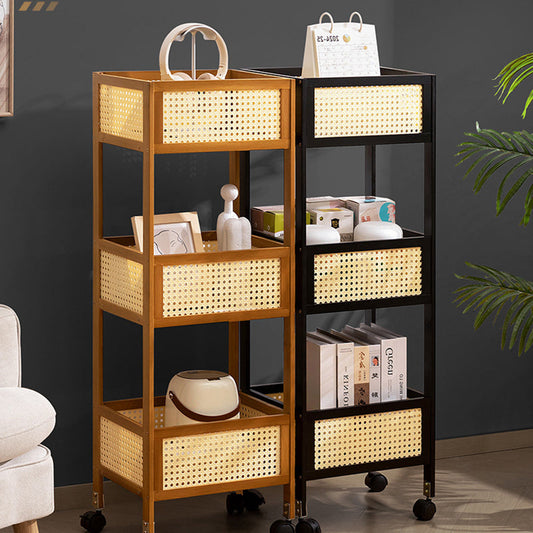 Modern Minimalist Bamboo Synthetic Rattan Rectangular Mobile Storage Shelf With 3-Shelves Design For Living Room