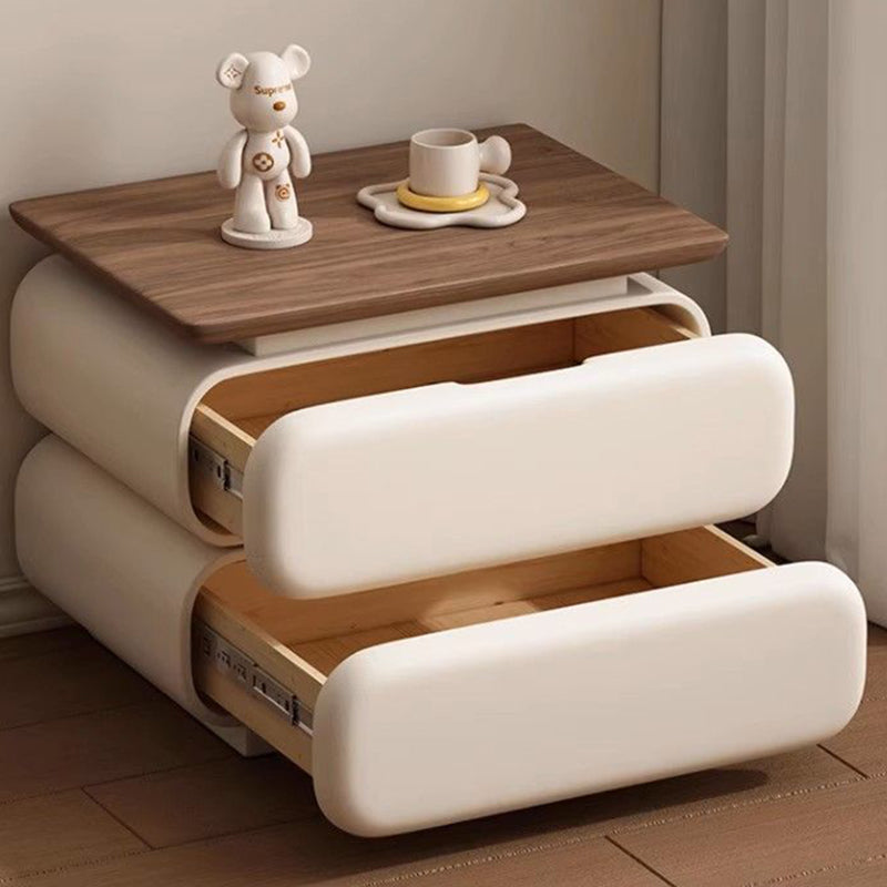 Traditional Vintage Solid Wood Microfiber Leather Rounded Square Nightstand With 2 Drawers For Bedroom