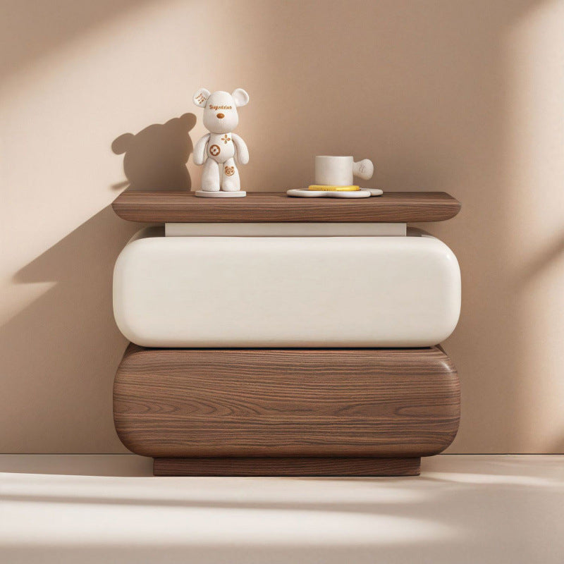 Traditional Vintage Solid Wood Microfiber Leather Rounded Square Nightstand With 2 Drawers For Bedroom
