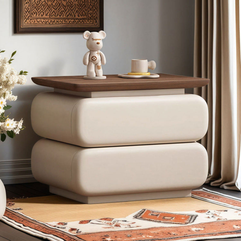 Traditional Vintage Solid Wood Microfiber Leather Rounded Square Nightstand With 2 Drawers For Bedroom