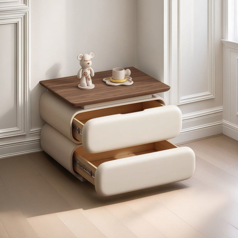 Traditional Vintage Solid Wood Microfiber Leather Rounded Square Nightstand With 2 Drawers For Bedroom