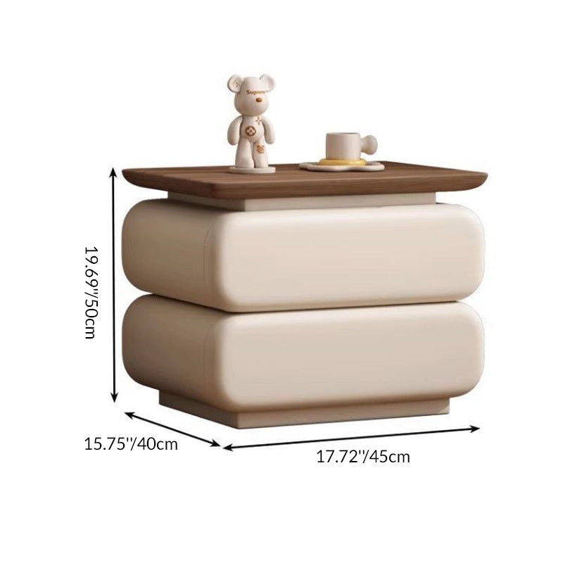 Traditional Vintage Solid Wood Microfiber Leather Rounded Square Nightstand With 2 Drawers For Bedroom