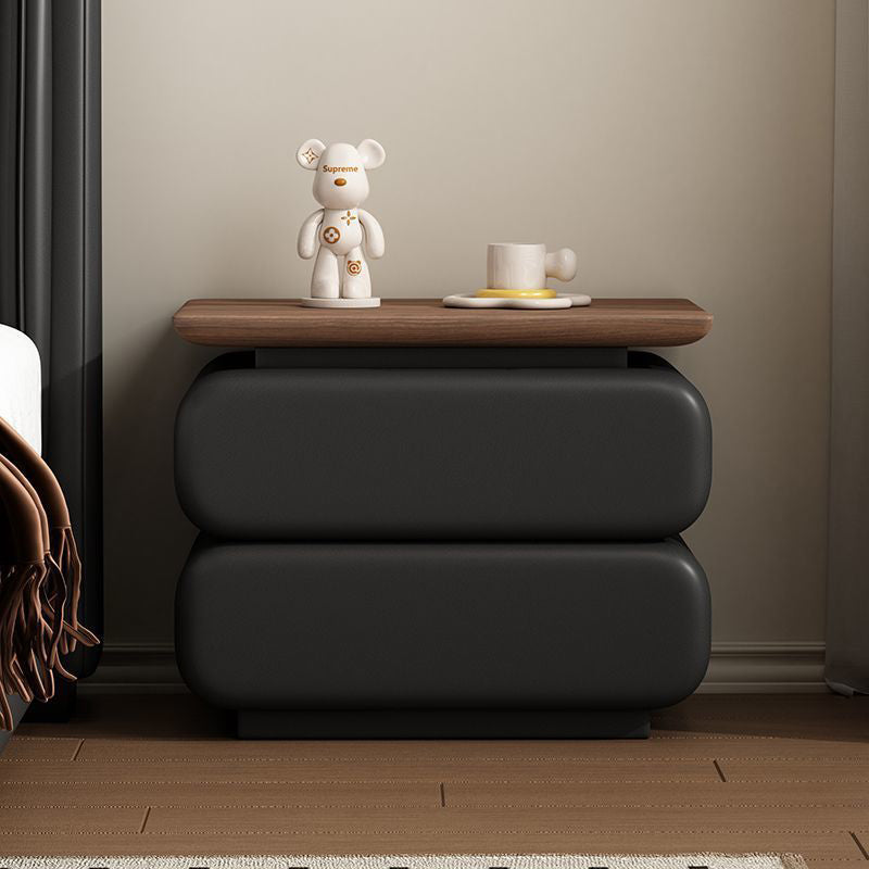 Traditional Vintage Solid Wood Microfiber Leather Rounded Square Nightstand With 2 Drawers For Bedroom